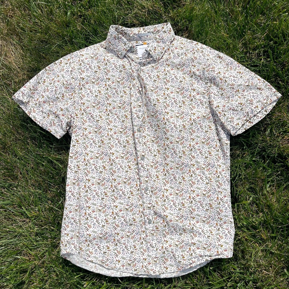 Denim & Flower Short Sleeve Button Down Men's Medium White Nature Pattern